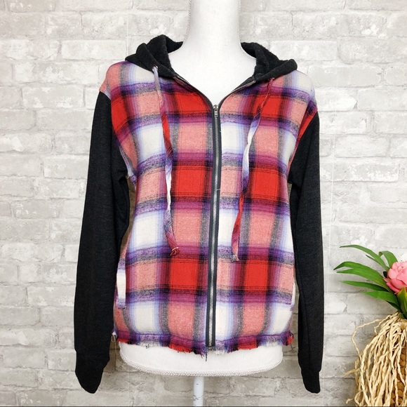 Honey Punch Jackets & Blazers - Honey Punch | Plaid Distressed Sweater Jacket